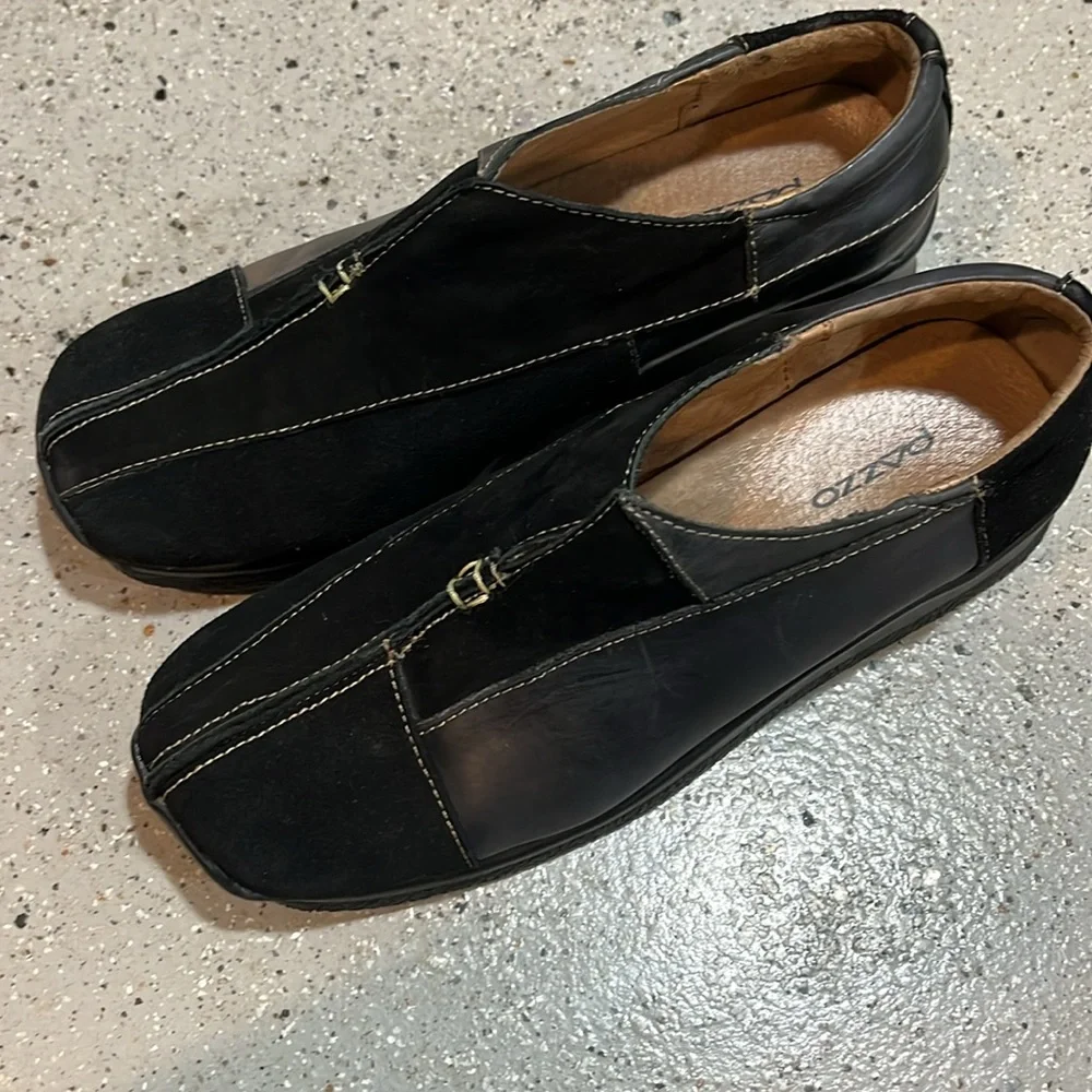 PAZZO MIXED LEATHER SUEDE WEDGE LOAFERS BLACK SIZE 7